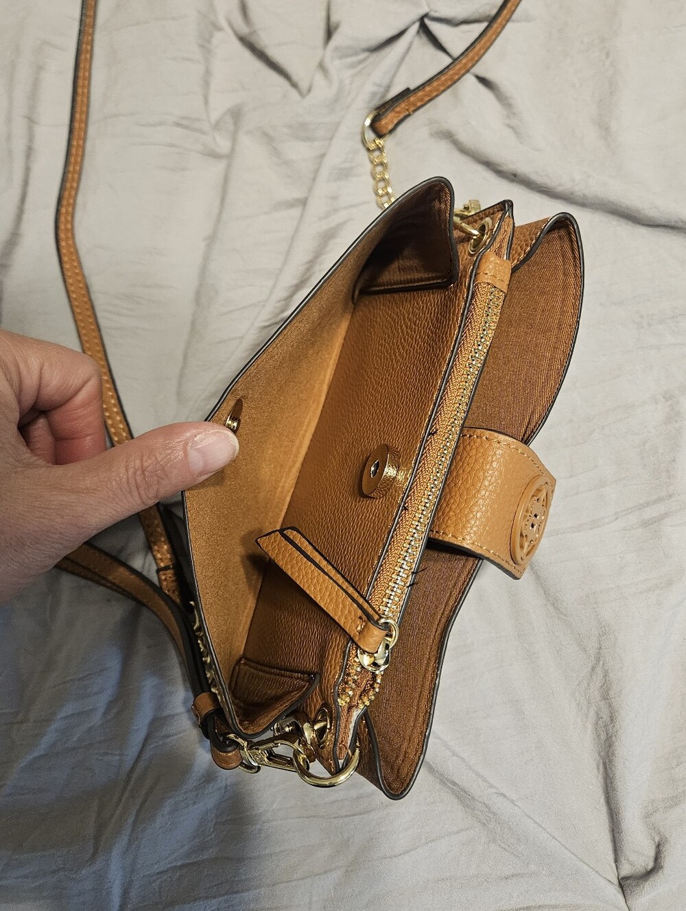 Nanette Lepore Tan Leather Crossbody Wristlet with Gold Hardware - Picture 5 of 9